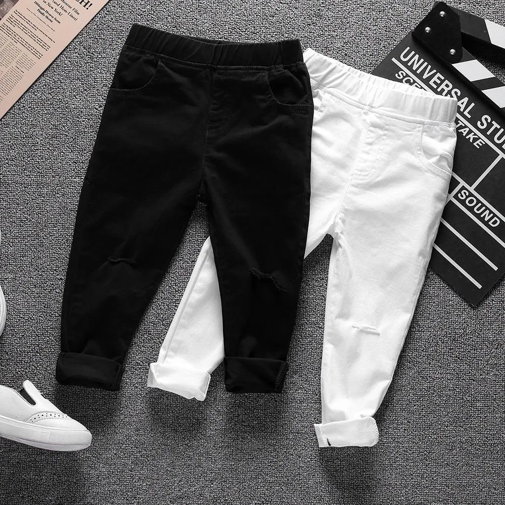 Girls Solid Pocket Denim Ripped Pants