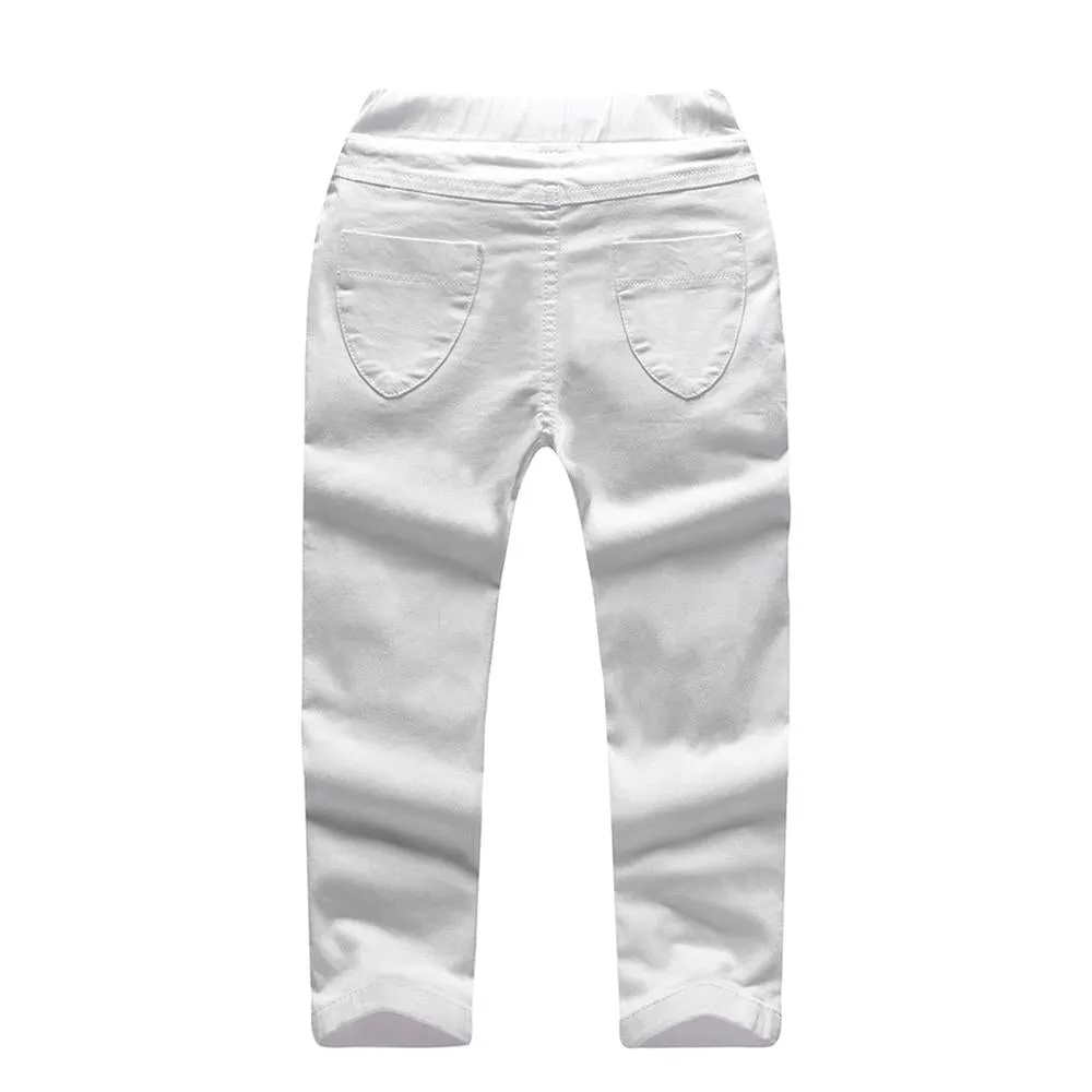 Girls Solid Pocket Denim Ripped Pants