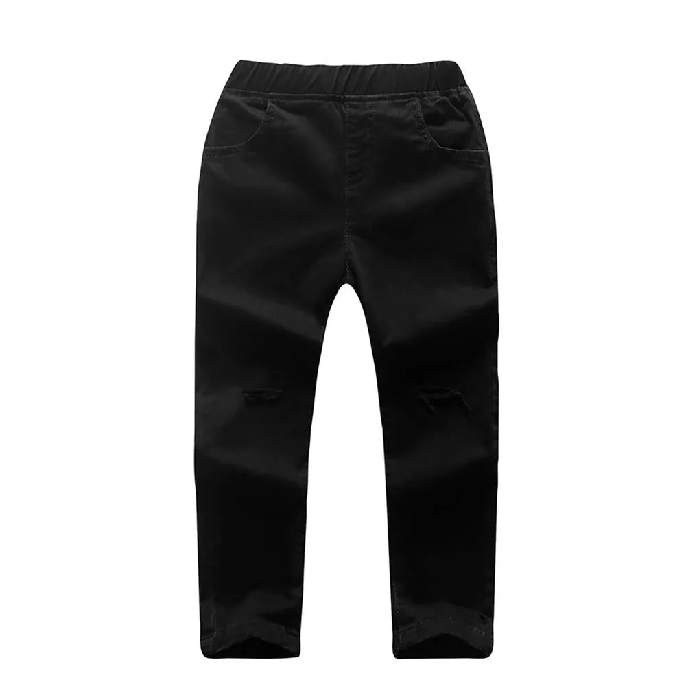 Girls Solid Pocket Denim Ripped Pants