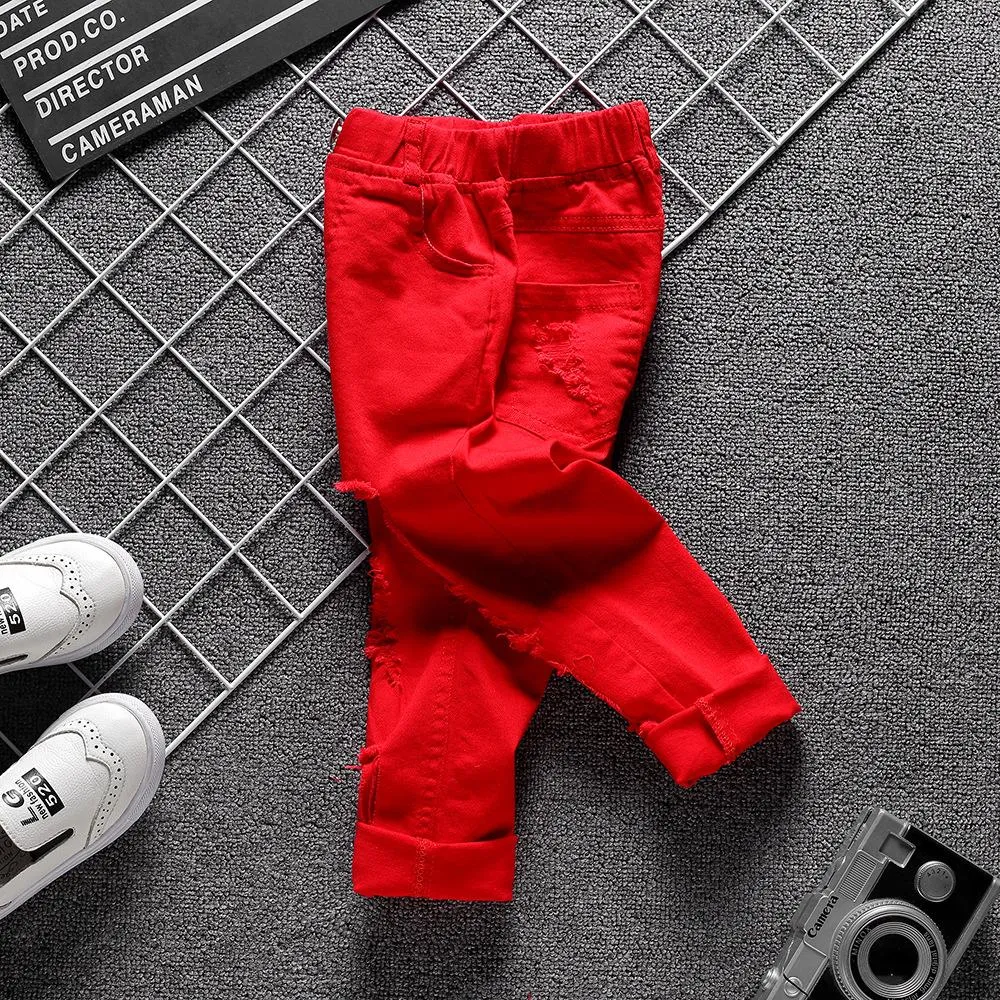 Girls Solid Pocket Denim Ripped Pants