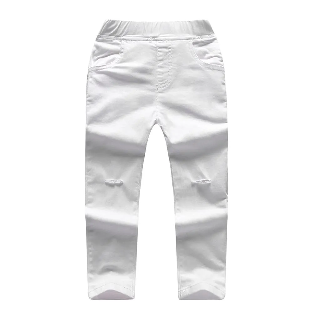 Girls Solid Pocket Denim Ripped Pants