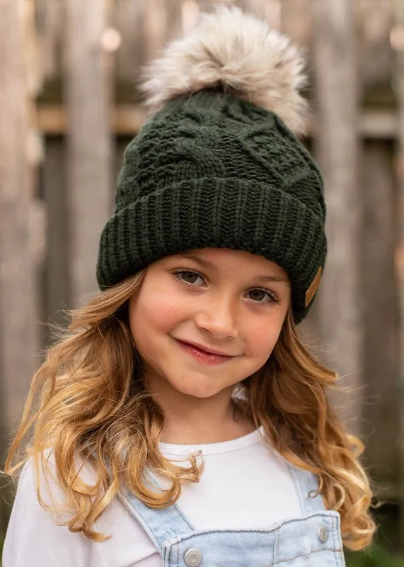 Kids Green Cable Knit Pom Beanie