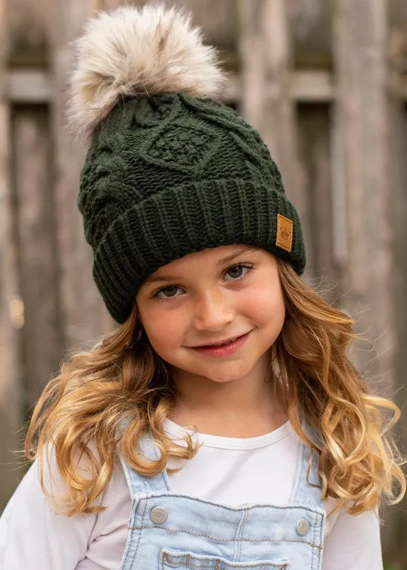 Kids Green Cable Knit Pom Beanie