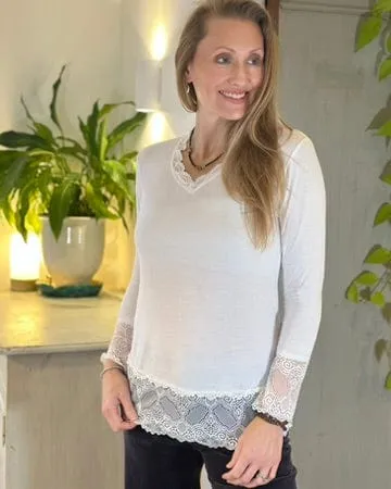 Lace Detail Long Sleeved Top - White