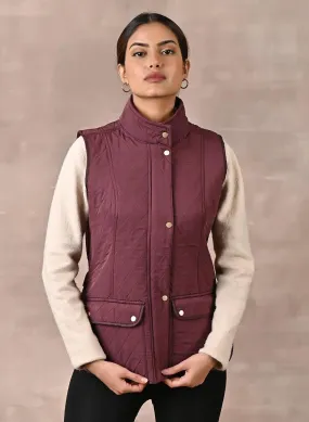 Maroon Solid Sleeveless Quilted Jacket With Rivets Detail & Curved Hem