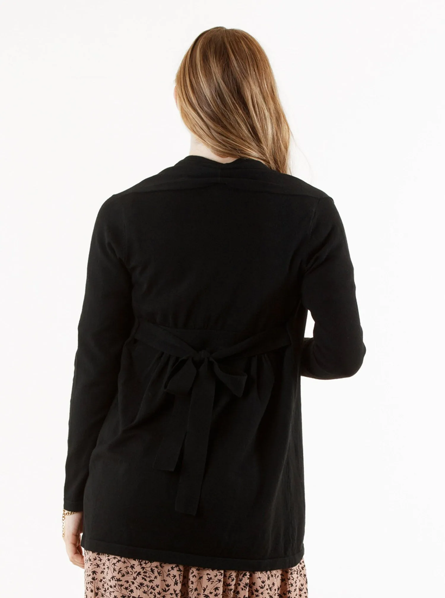 Maternity Roll Collar Knitted Waist Tie Cardigan In Black