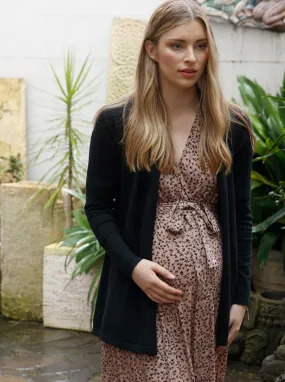 Maternity Roll Collar Knitted Waist Tie Cardigan In Black