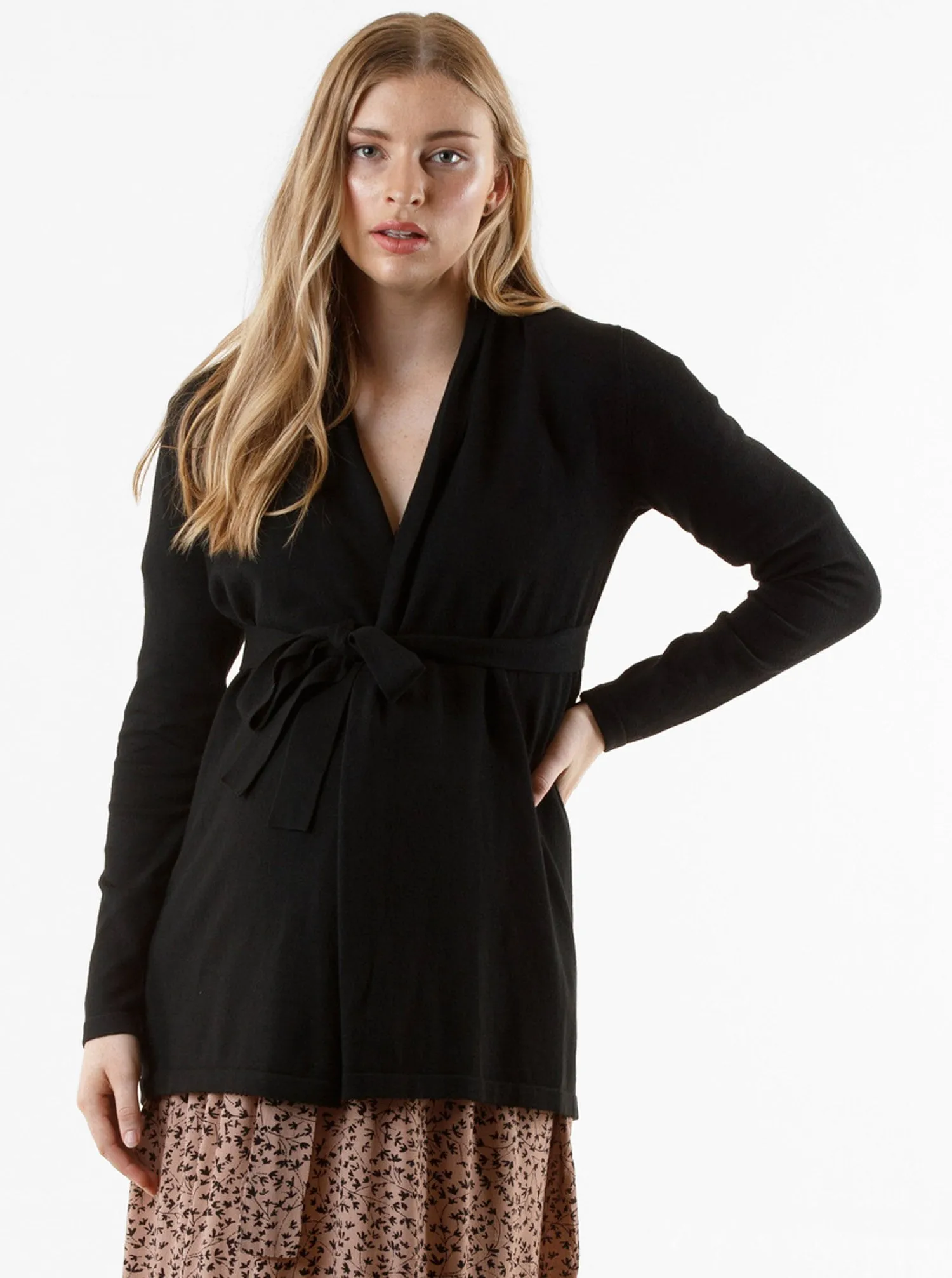 Maternity Roll Collar Knitted Waist Tie Cardigan In Black