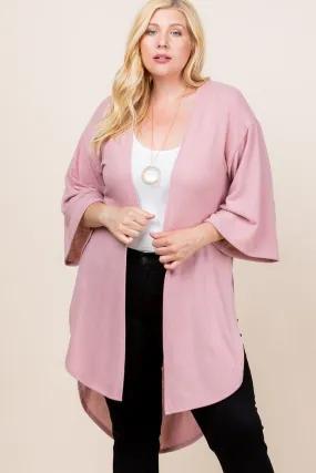 Mauve Plus Size Solid Hacci Brush Open Front Long Cardigan With Bell Sleeves