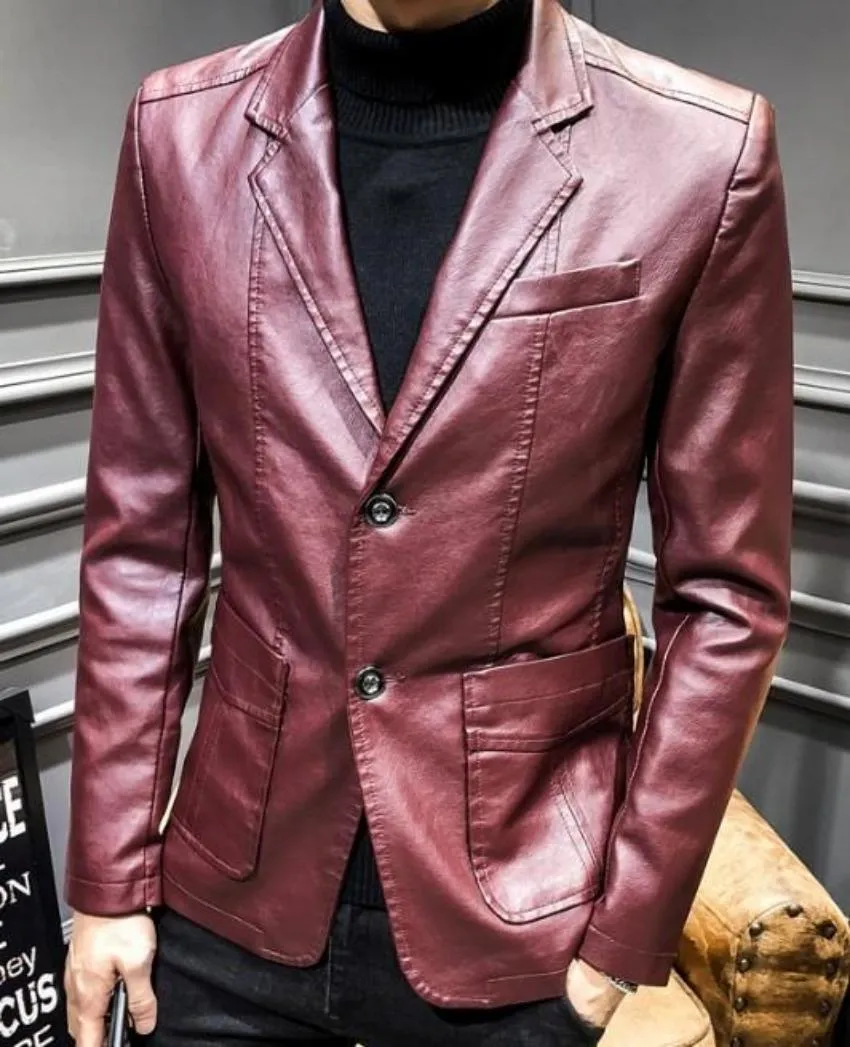 Mens Faux Leather Two Button Blazer