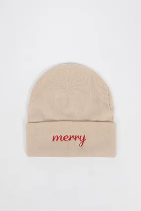 Merry Embroidered Beige Knit Beanie