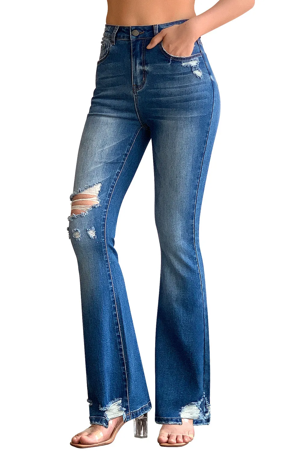 Mid Rise Distressed Flare Jeans