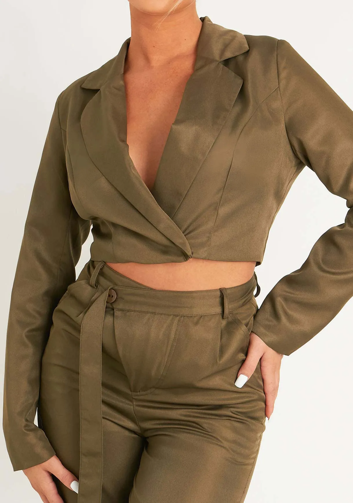 Mina Khaki Cropped Fitted Blazer
