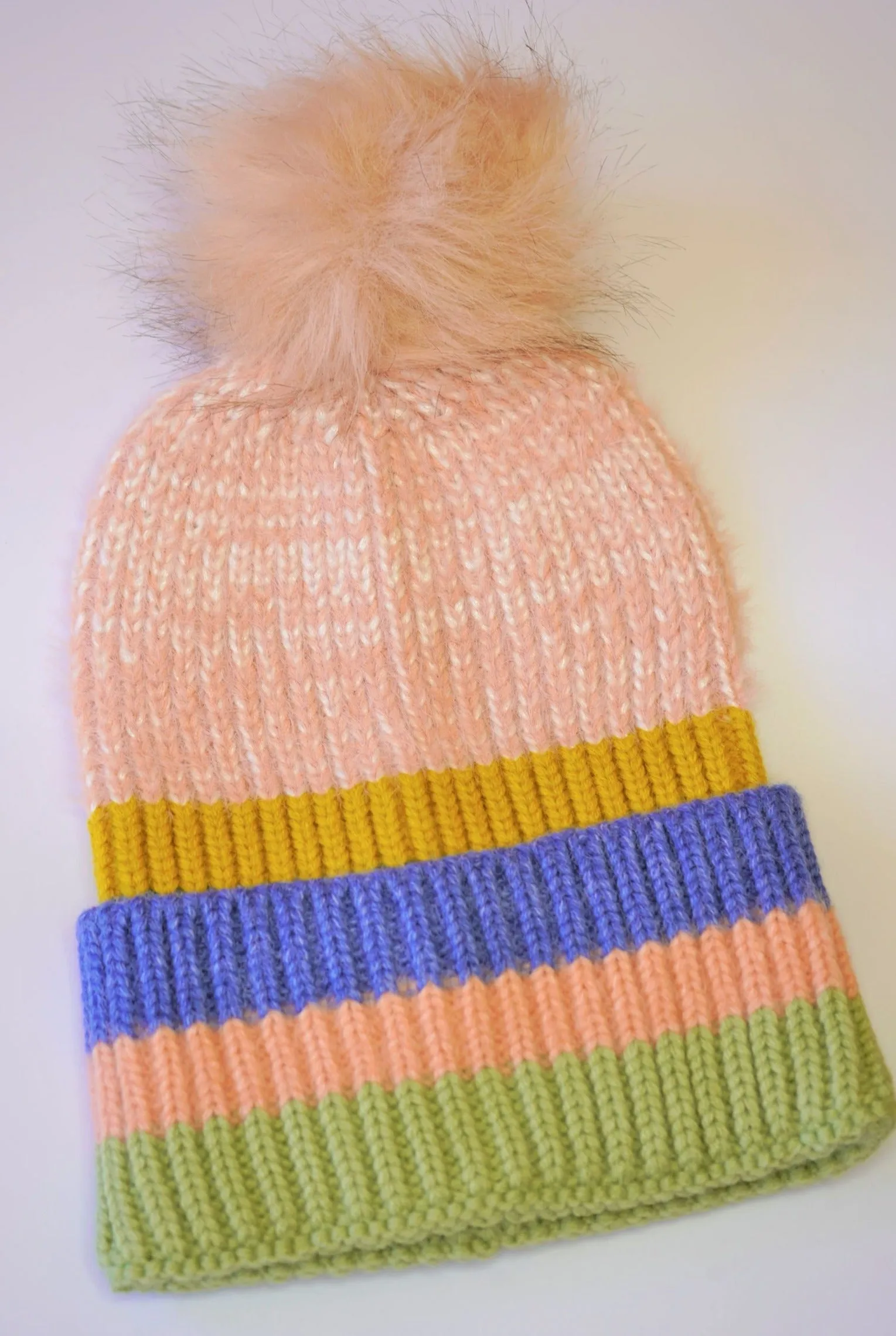 Multi Pastel Stripe Knit Pom Beanie
