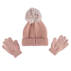Oversized Pom Fuzzy Ribbed Knit Hat & Glove Set