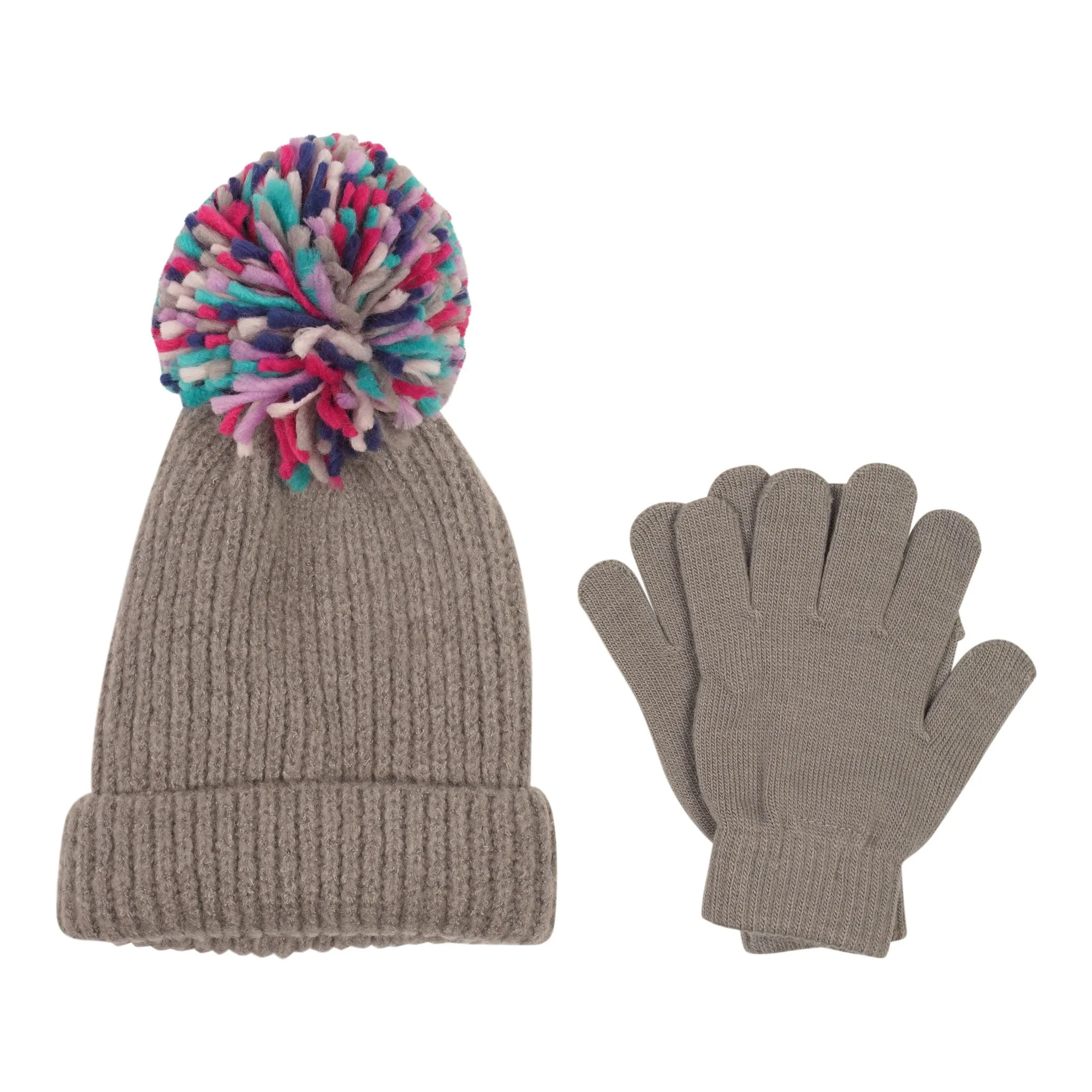 Oversized Pom Fuzzy Ribbed Knit Hat & Glove Set