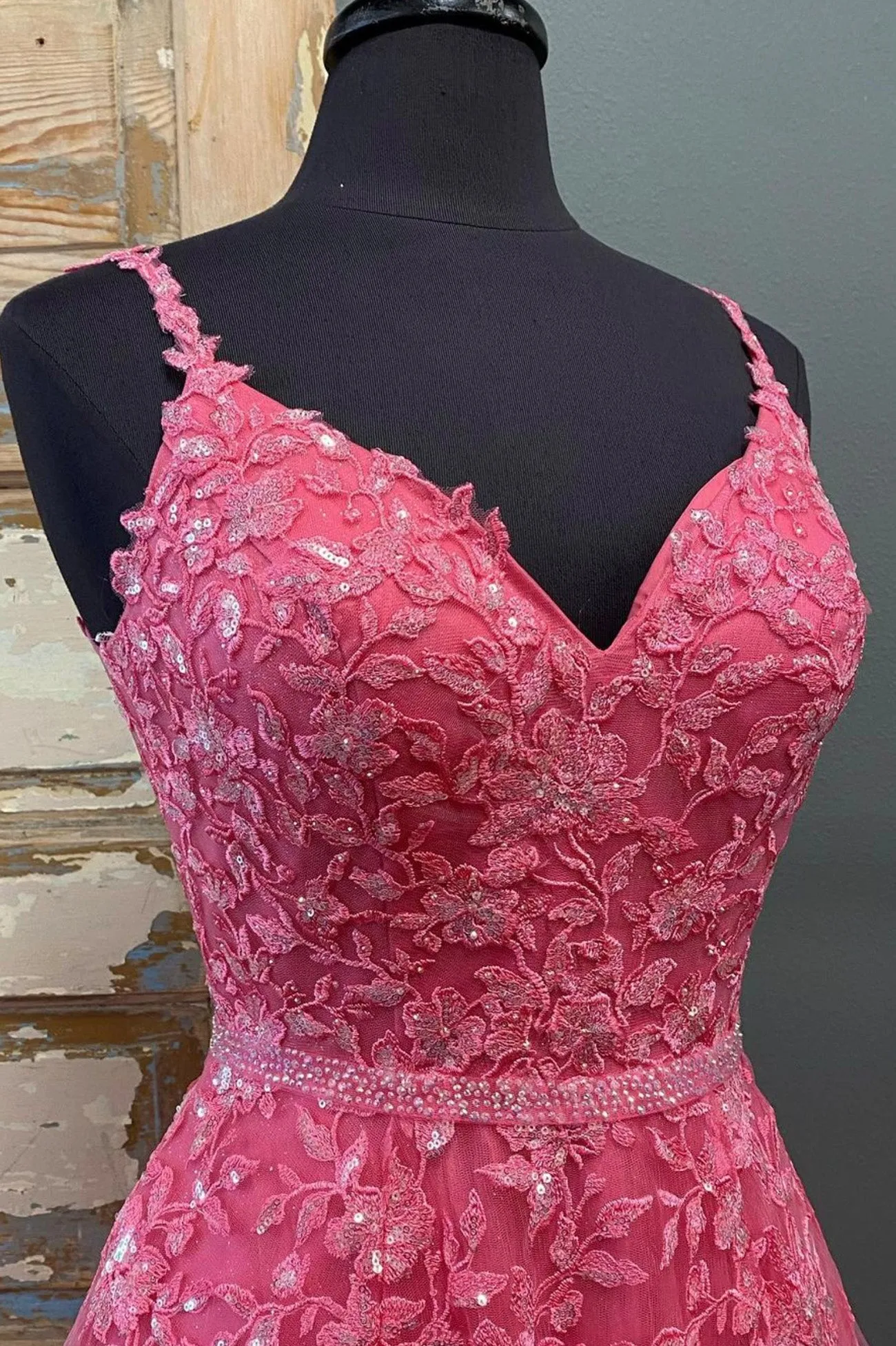 Pink Spaghetti Strap Lace Floor Length Prom Dress