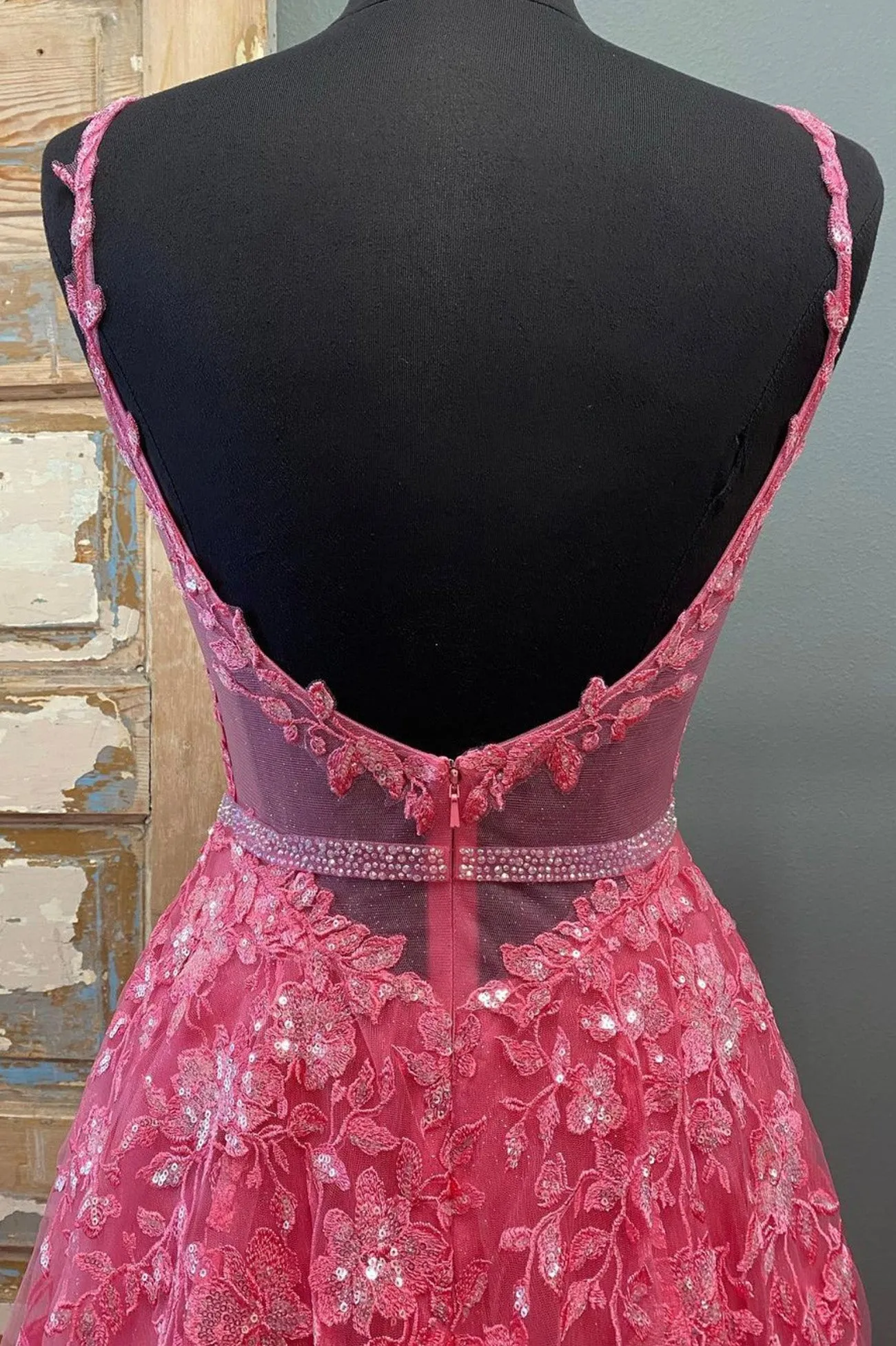 Pink Spaghetti Strap Lace Floor Length Prom Dress