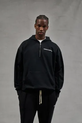 RAW SEAM QUARTER ZIP HOODIE - BLACK