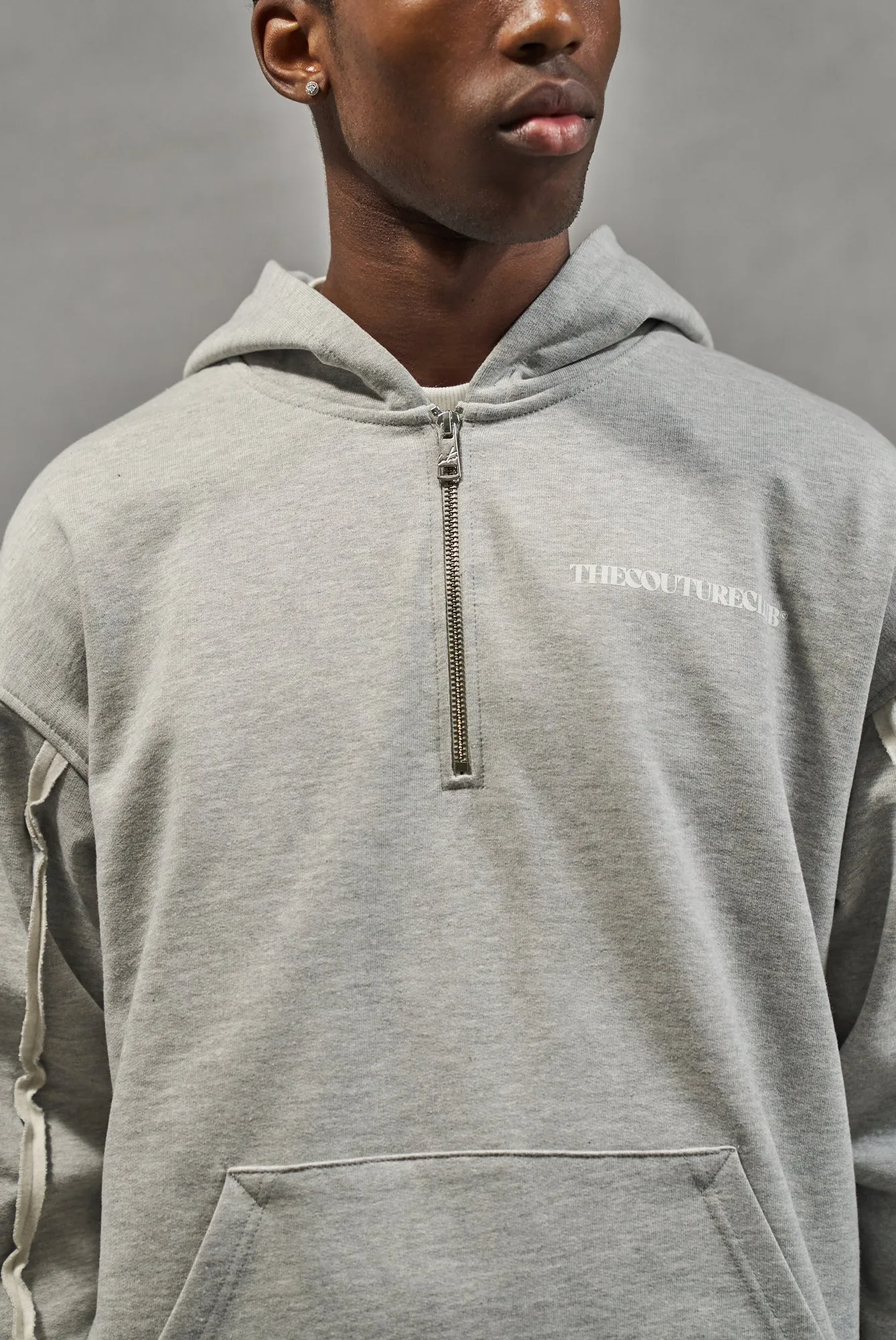 RAW SEAM QUARTER ZIP HOODIE - GREY MARL