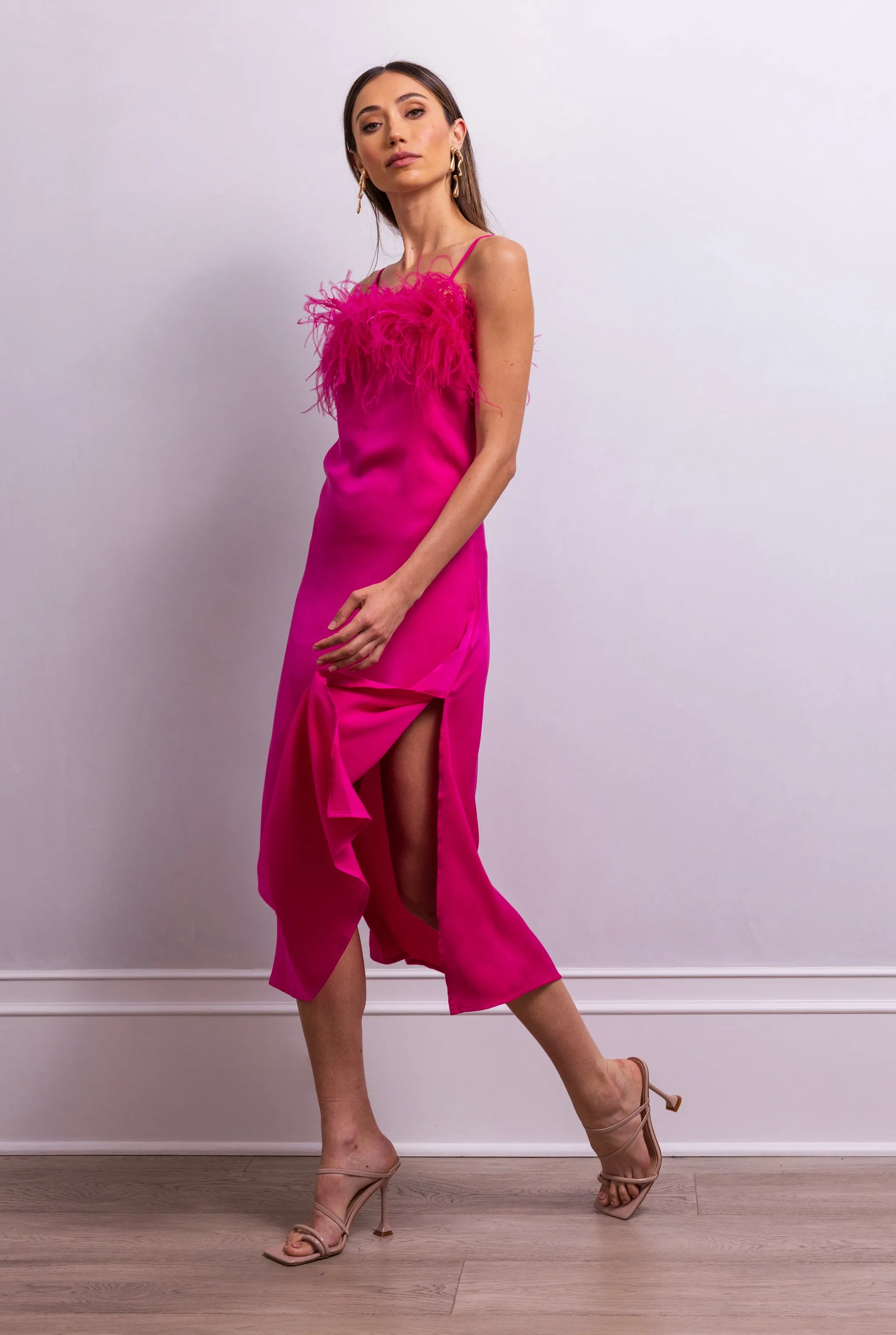 Secret Keeper Feather Midi Slip Dress in Fuchsia