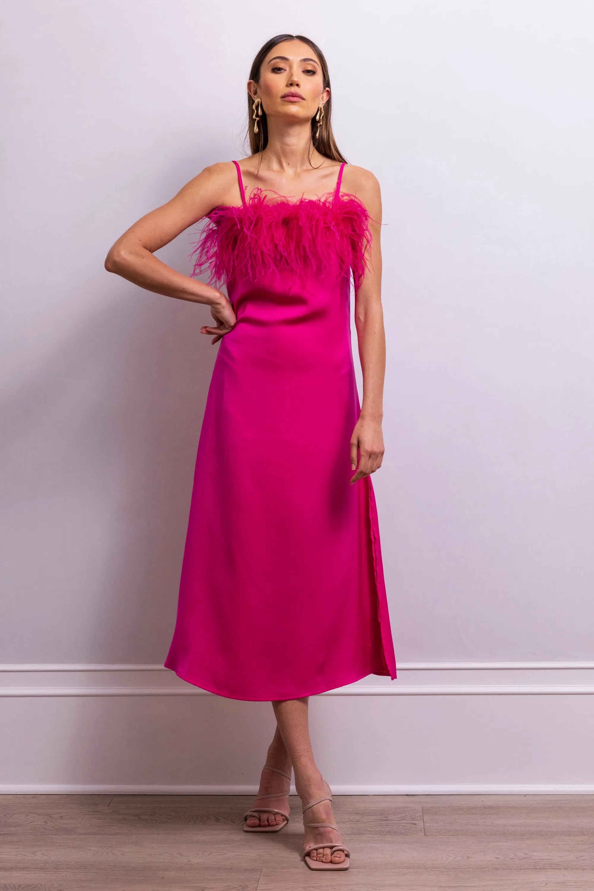 Secret Keeper Feather Midi Slip Dress in Fuchsia