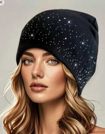 Shein Women's Rhinestone Studded Acrylic Beanie Hat /