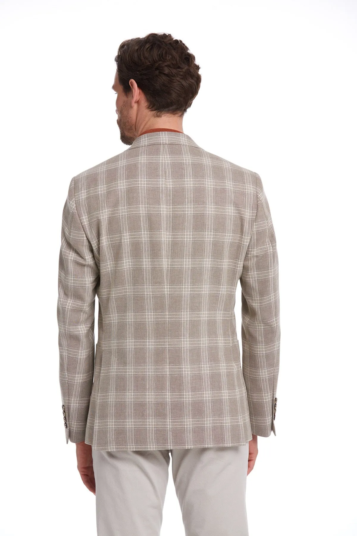 Slim Fit Plaid Wool & Linen Blend Light Brown Classic Blazer