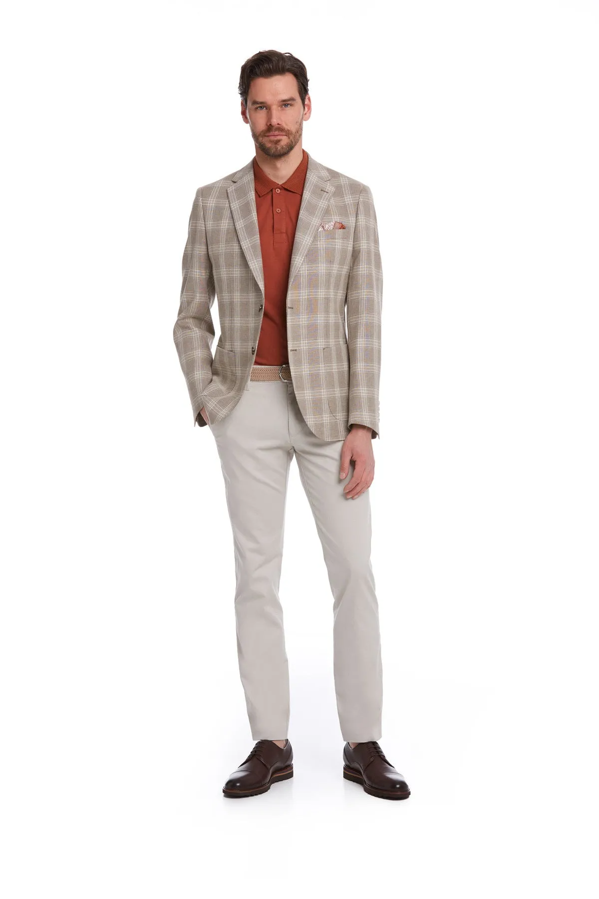 Slim Fit Plaid Wool & Linen Blend Light Brown Classic Blazer