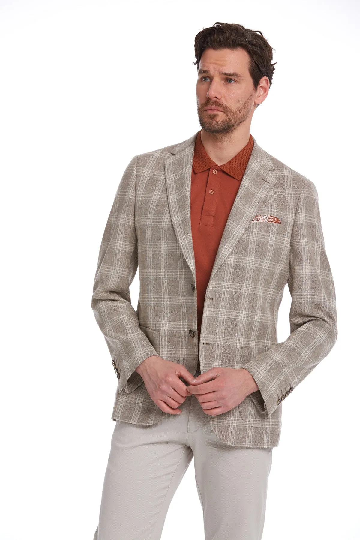 Slim Fit Plaid Wool & Linen Blend Light Brown Classic Blazer
