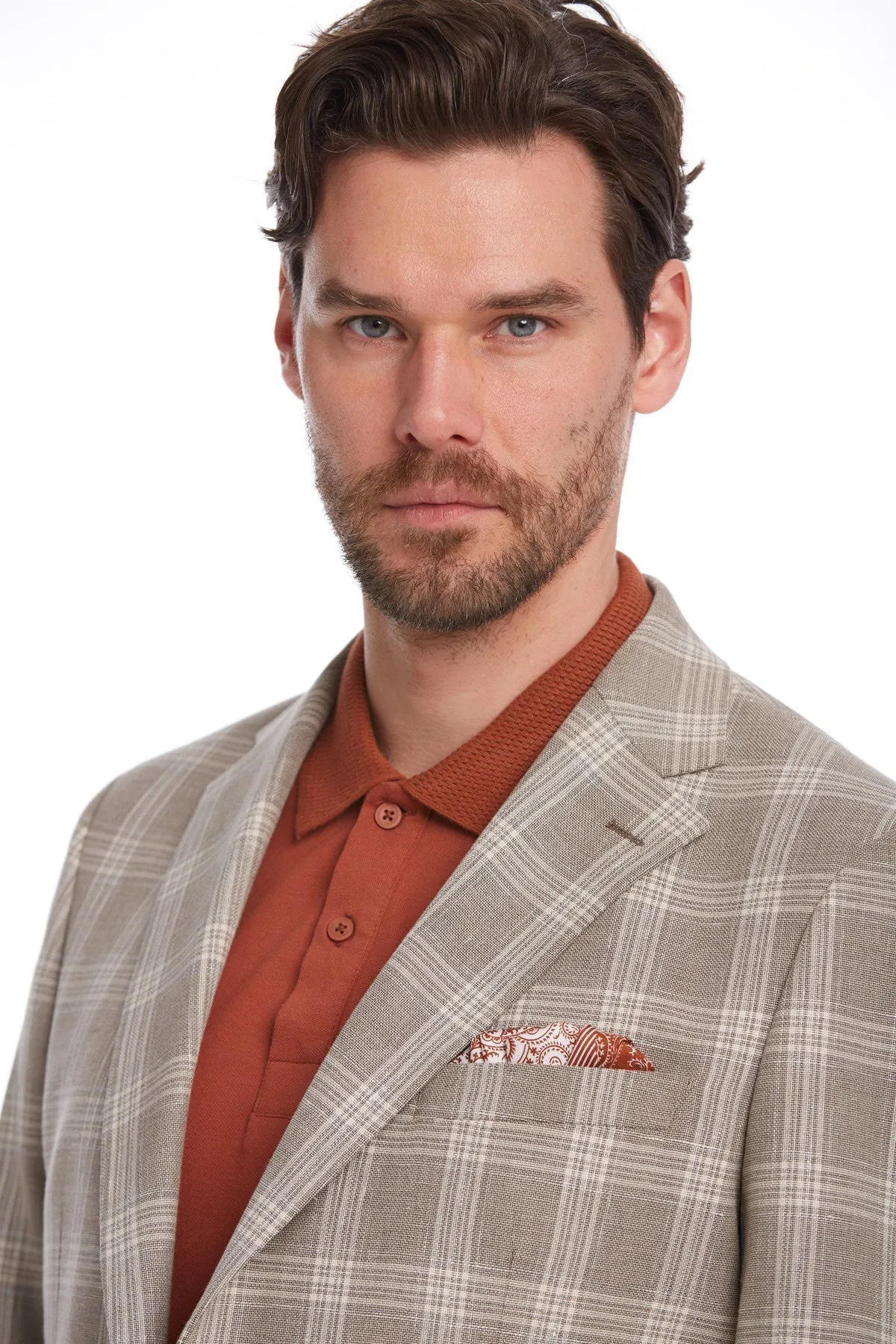 Slim Fit Plaid Wool & Linen Blend Light Brown Classic Blazer