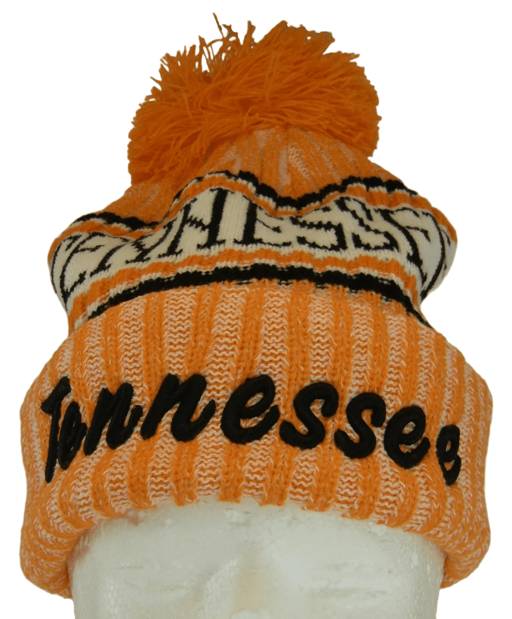 Tennessee Plush Lined Embroidered Winter Knit Pom Beanie Hat (Orange/Black Script)