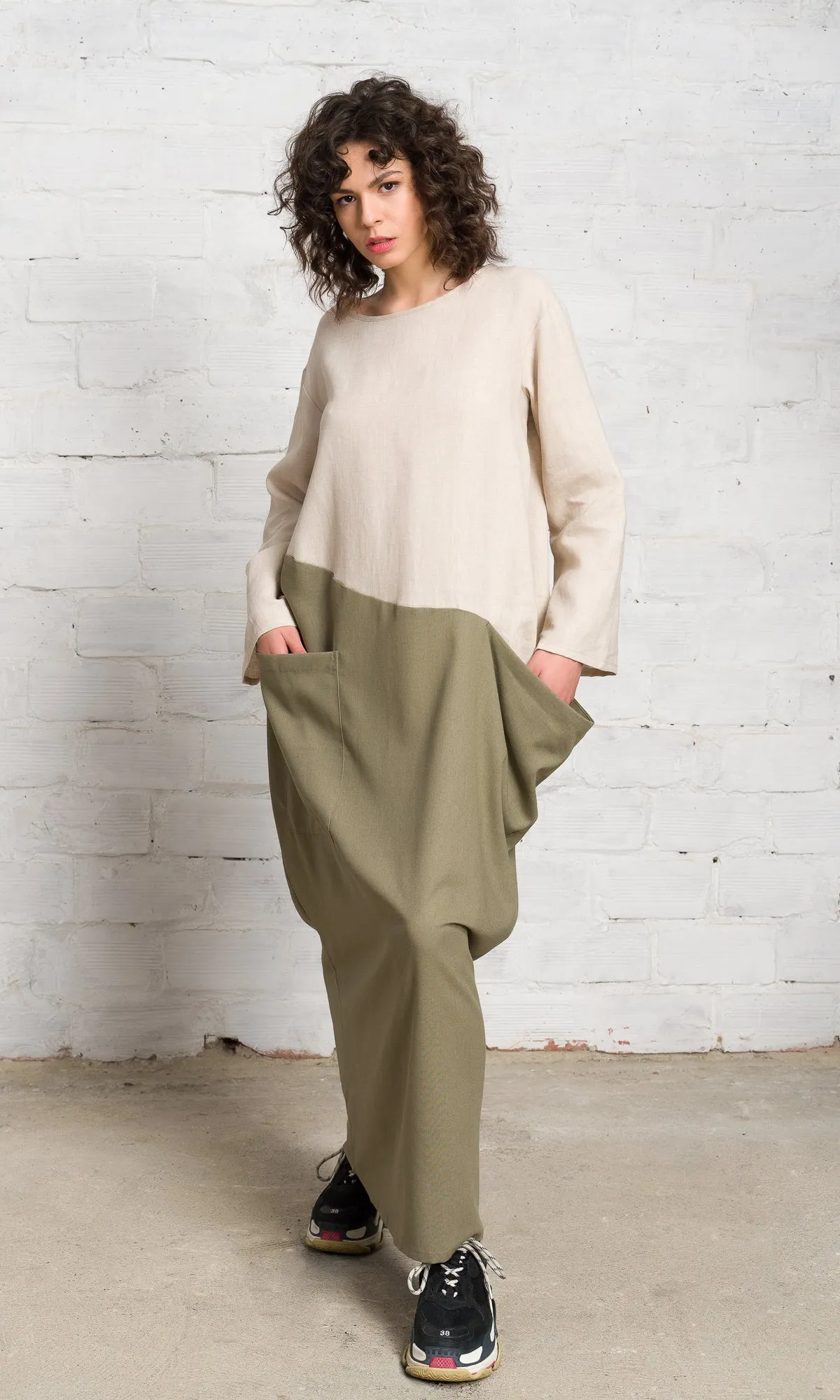 Two-Tone Linen Baggy Dress