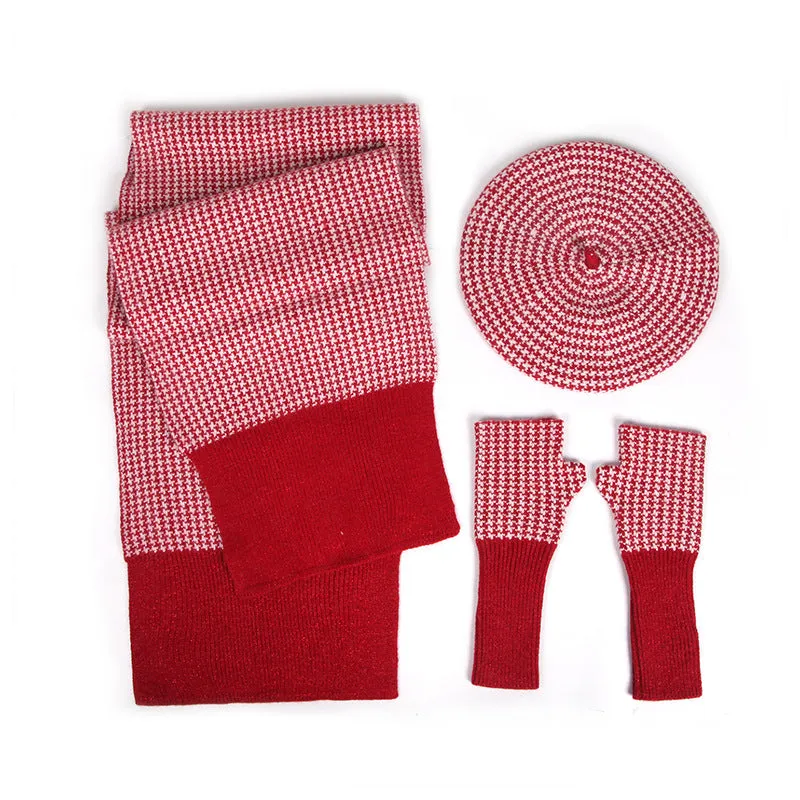 Warm Winter Knit Beanie Hats European and American Women's Plaid Scarf Gloves Unisex