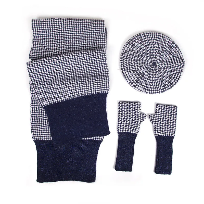 Warm Winter Knit Beanie Hats European and American Women's Plaid Scarf Gloves Unisex