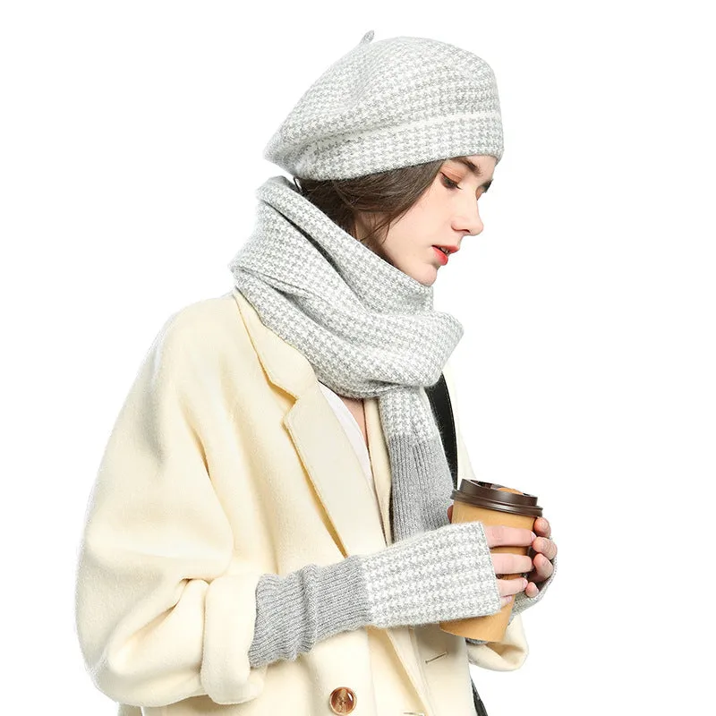 Warm Winter Knit Beanie Hats European and American Women's Plaid Scarf Gloves Unisex