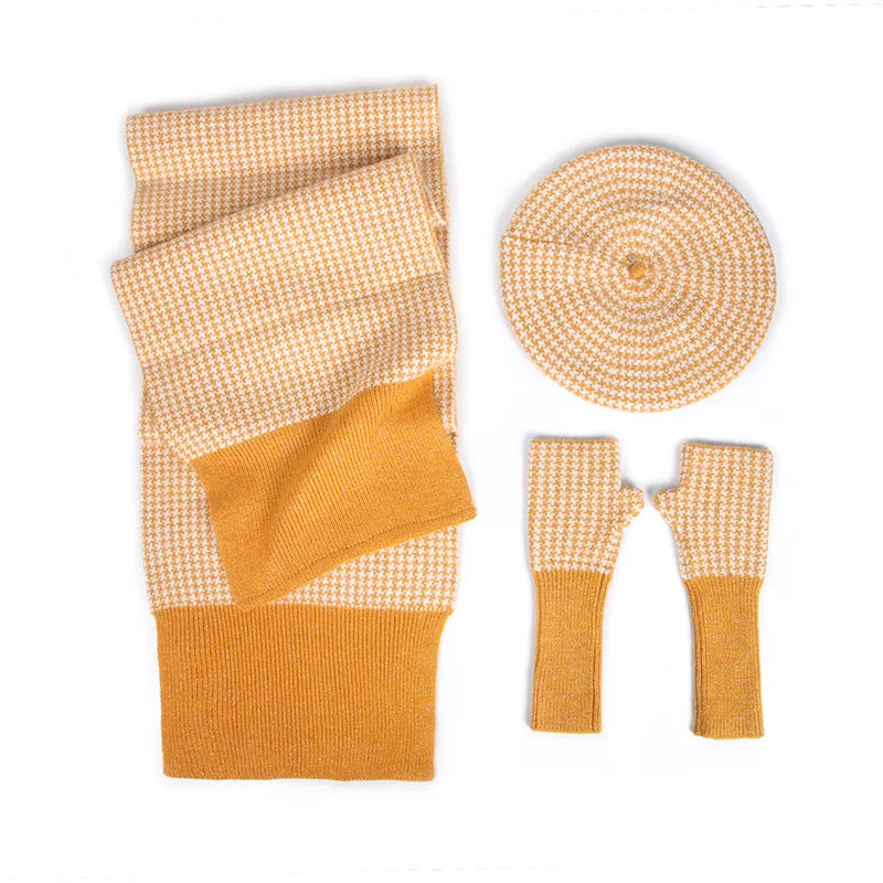 Warm Winter Knit Beanie Hats European and American Women's Plaid Scarf Gloves Unisex