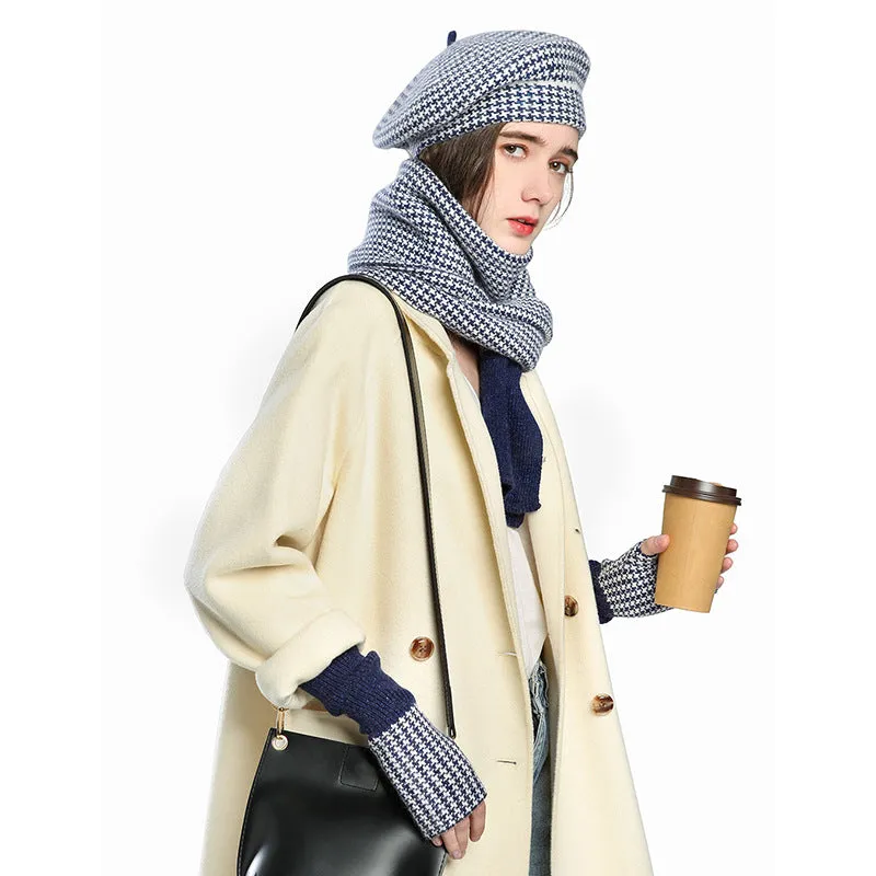 Warm Winter Knit Beanie Hats European and American Women's Plaid Scarf Gloves Unisex