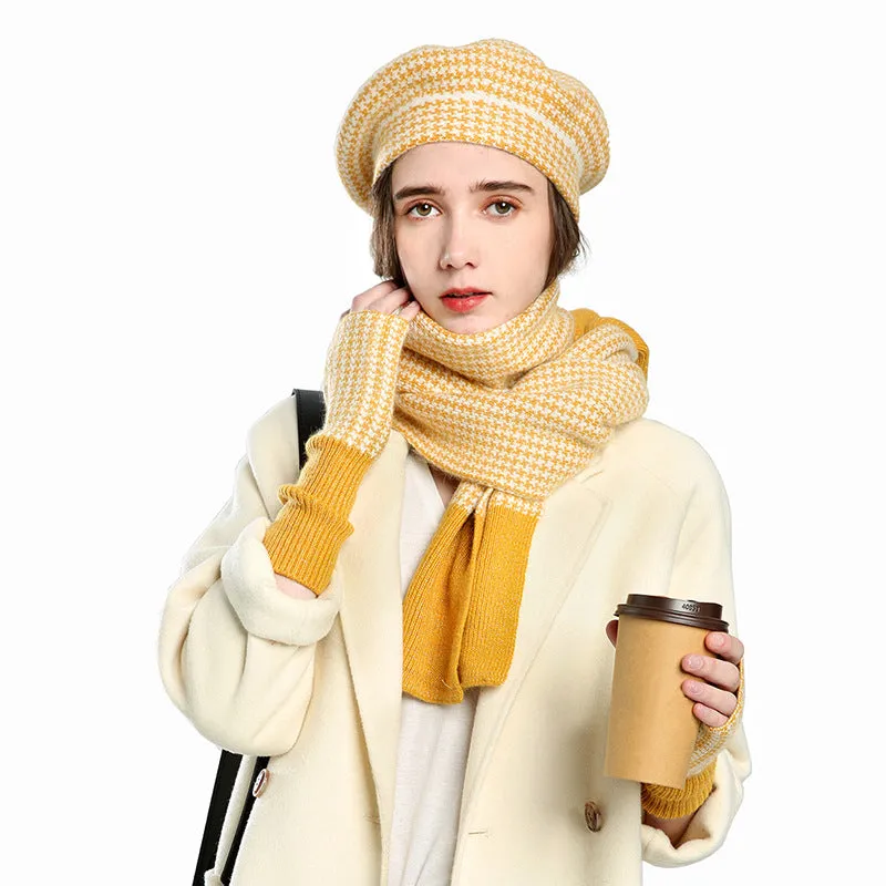 Warm Winter Knit Beanie Hats European and American Women's Plaid Scarf Gloves Unisex