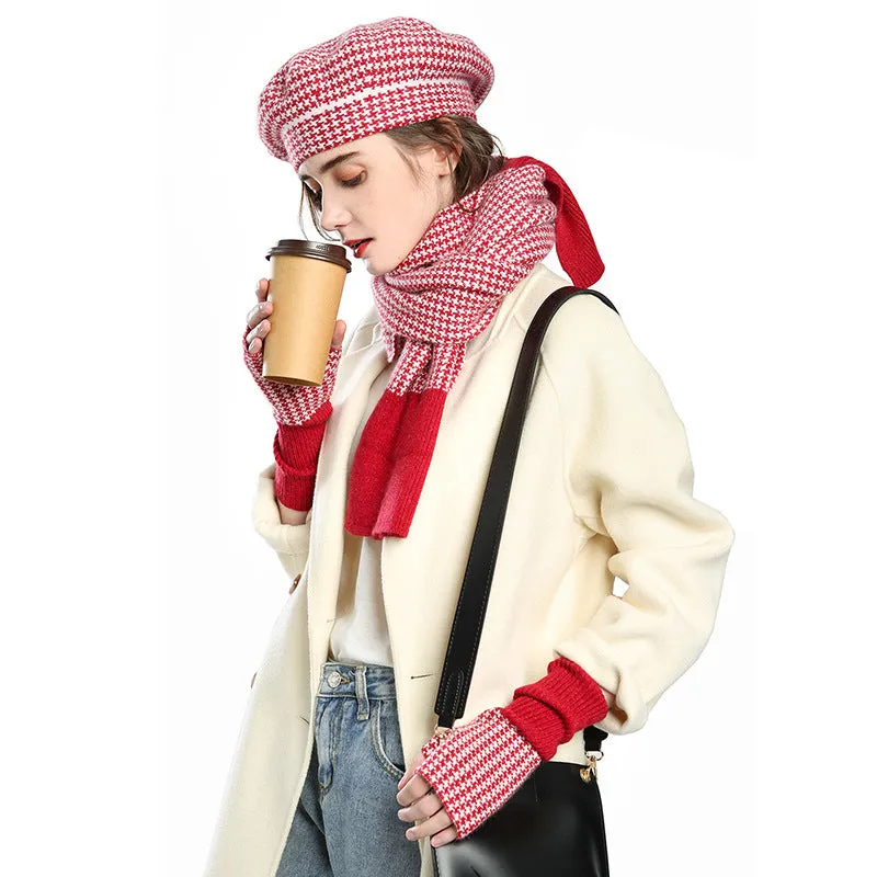Warm Winter Knit Beanie Hats European and American Women's Plaid Scarf Gloves Unisex