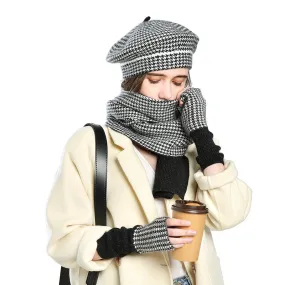 Warm Winter Knit Beanie Hats European and American Women's Plaid Scarf Gloves Unisex