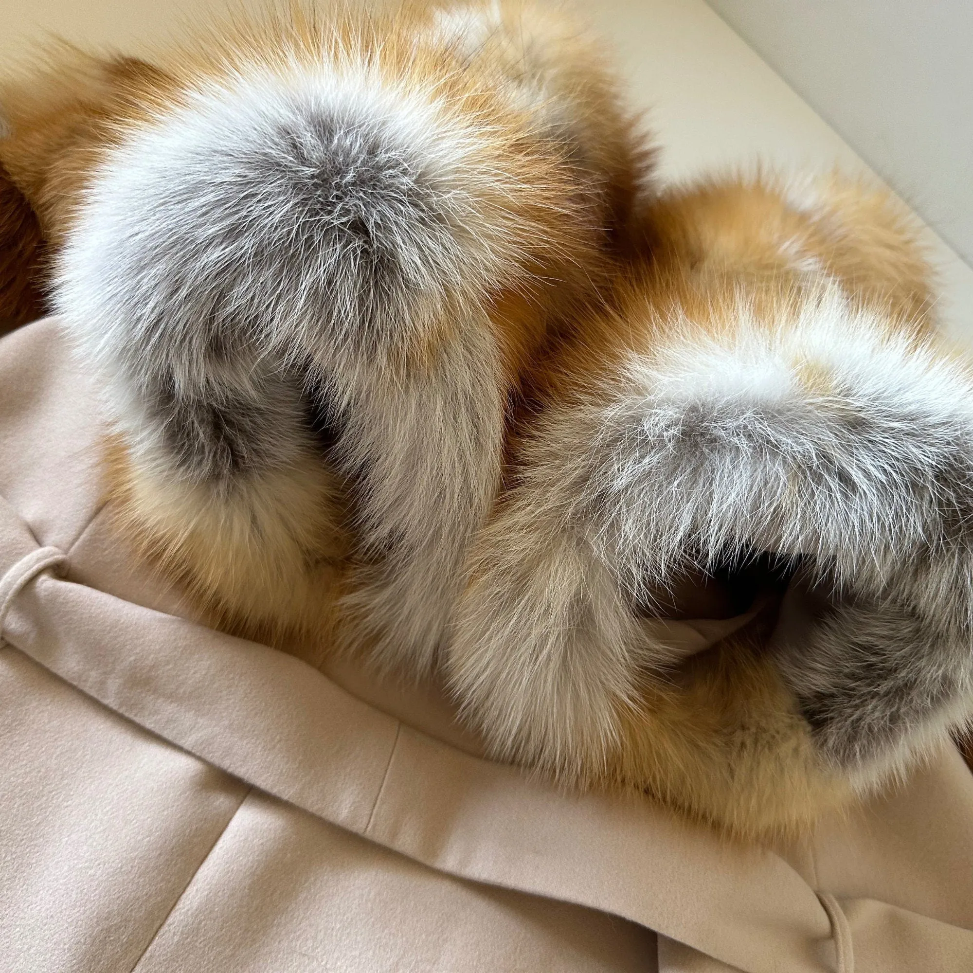 Women Beige short belted jacket coat Woolen blend and  fox fur