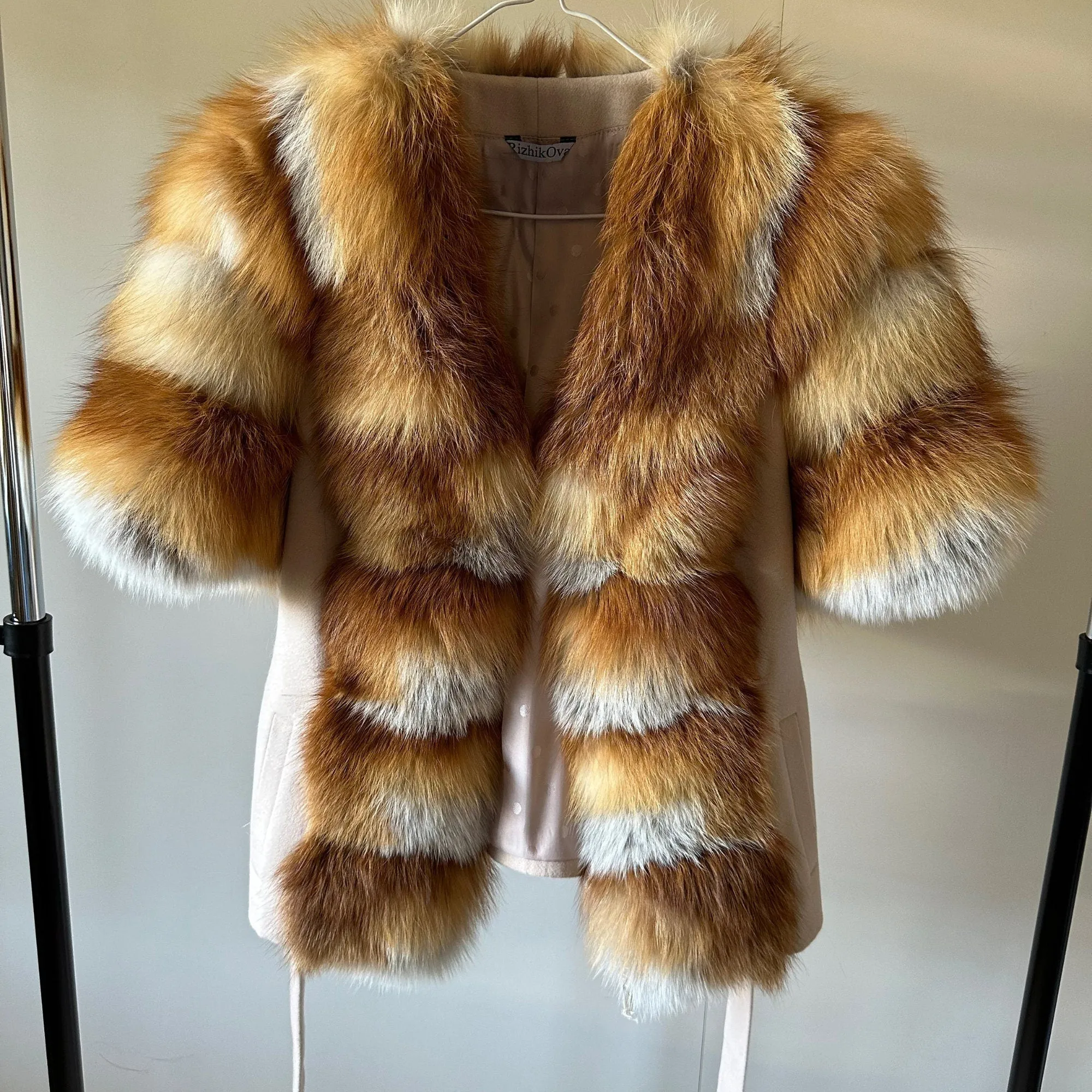 Women Beige short belted jacket coat Woolen blend and  fox fur
