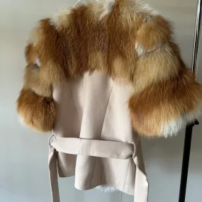 Women Beige short belted jacket coat Woolen blend and  fox fur