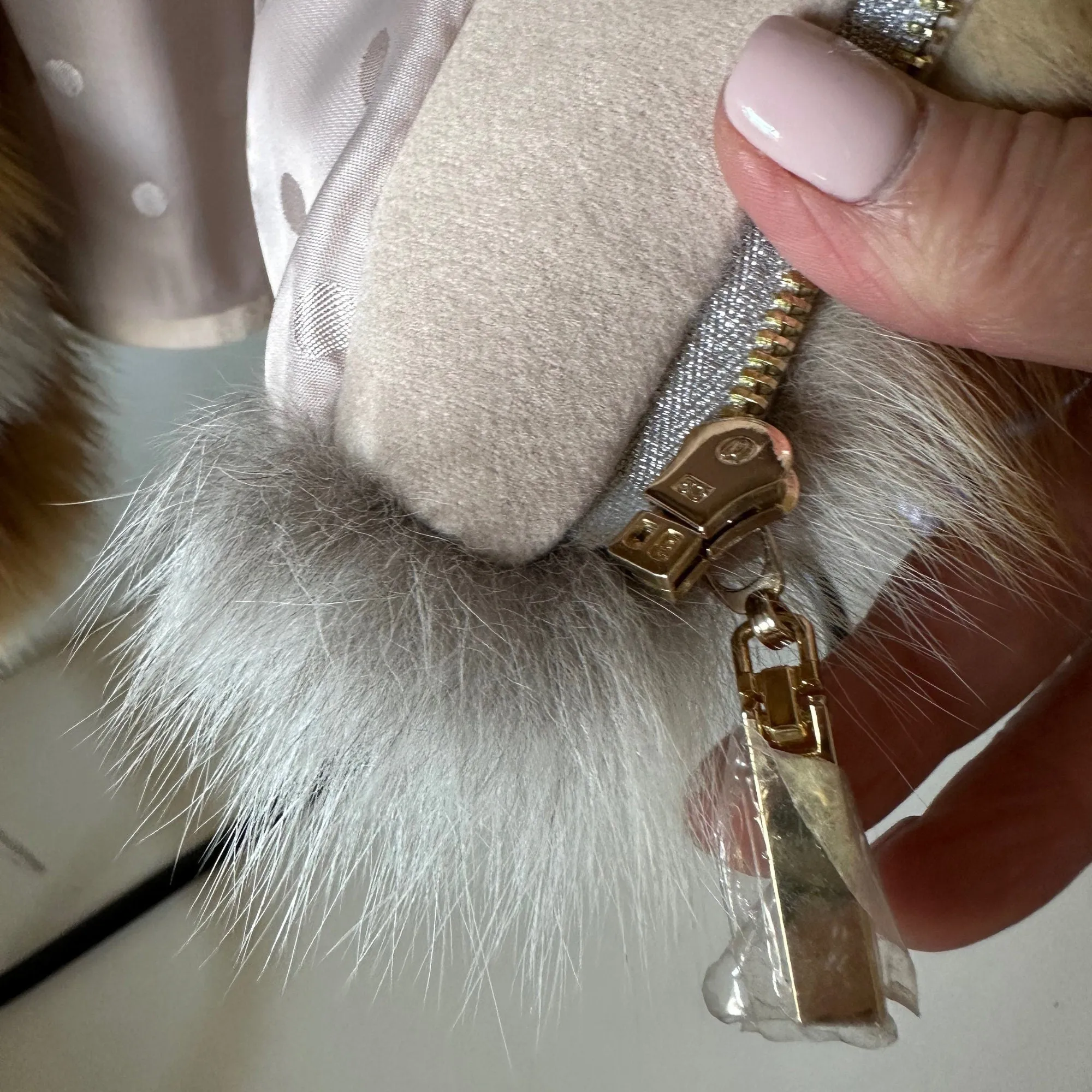 Women Beige short belted jacket coat Woolen blend and  fox fur