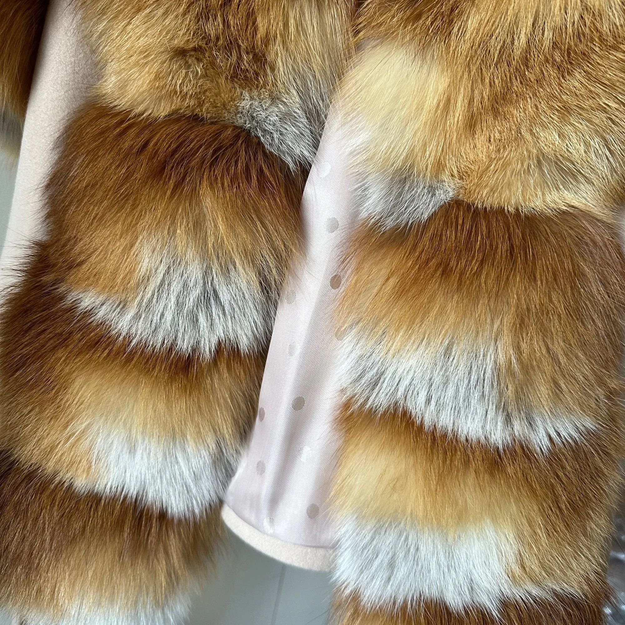 Women Beige short belted jacket coat Woolen blend and  fox fur
