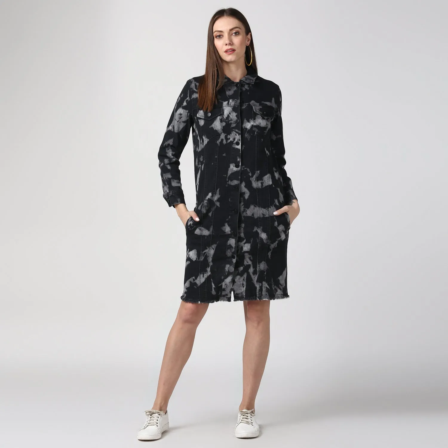 Women's Black Long Overcoat Style Denim Jacket with Cloud effect - StyleStone