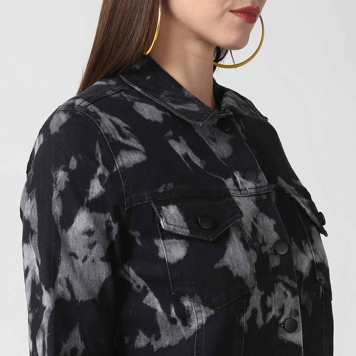 Women's Black Long Overcoat Style Denim Jacket with Cloud effect - StyleStone