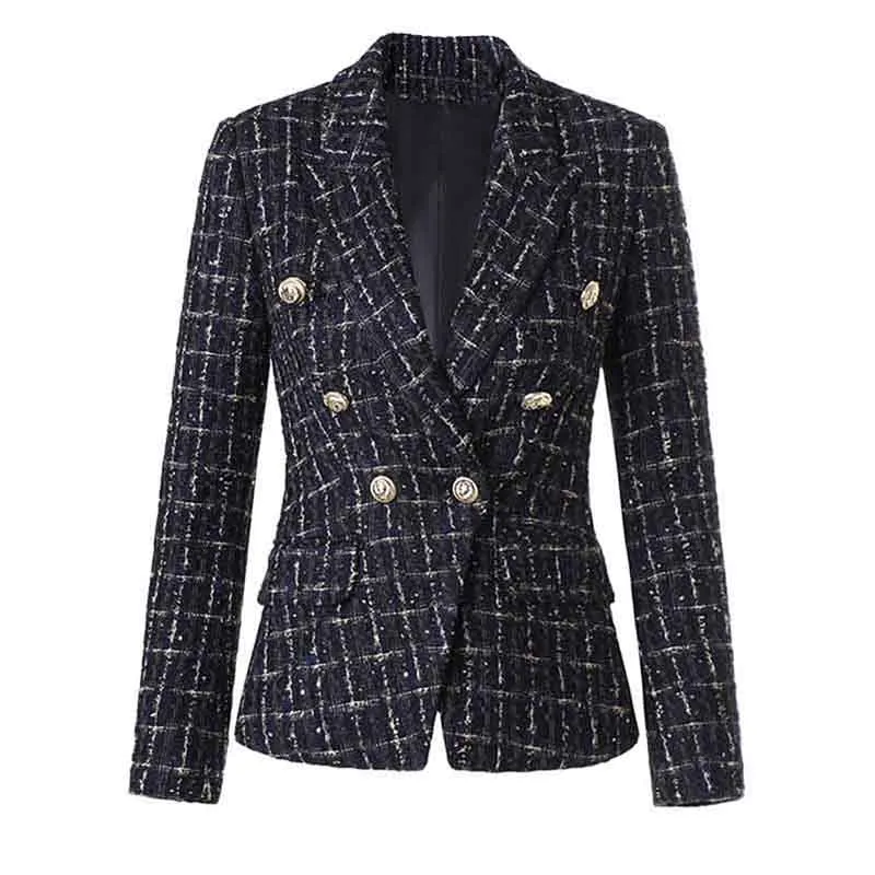 Womens Plaid Tweed Blazer Double Breasted Gold Buttons Woolen Blazer
