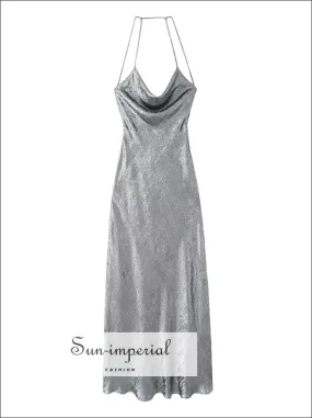 Women's Sequin Silver  Cami Strap Backless Satin Maxi Slip Dress